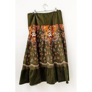 Petite Sophisticate L green corduroy floral paisley long midi skirt western boho